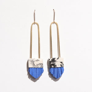 Regalo Long Earrings - Black Swirl with Blue Tassels