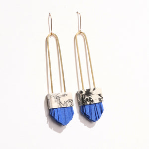 Regalo Long Earrings - Black Swirl with Blue Tassels